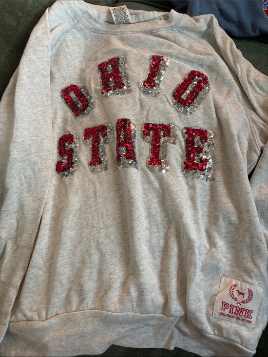 PINK Victoria's Secret Sweaters - PINK Victoria's Secret Womens Gray Sequin 'Ohio State' Sweatshirt